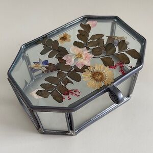 Vintage Glass and Pewter Jewelry Box with Pressed Dried Flowers trinket box